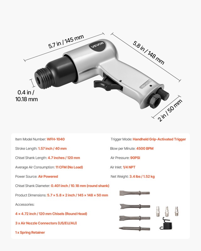 VEVOR Κιτ Πνευματικής Σφύρας Air Hammer 4500 BPM με 4 Καλέμια QDCCC...