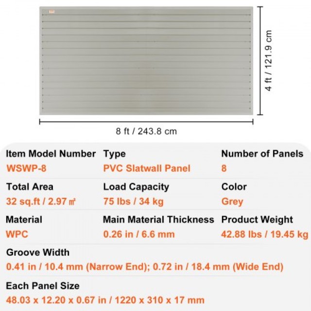 Πάνελ Slatwall VEVOR, 4x1 ft Γκρι (Σετ 8) για Οργάνωση Γκαράζ & Καταστήματος  BTQBPVCF32SQVVR4BV0