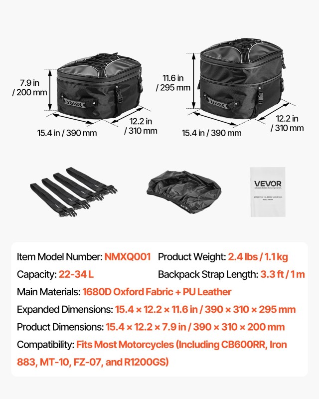 VEVOR Επεκτάσιμος Αδιάβροχος Σάκος Μοτοσικλέτας 22-34 L με Λουριά κ...