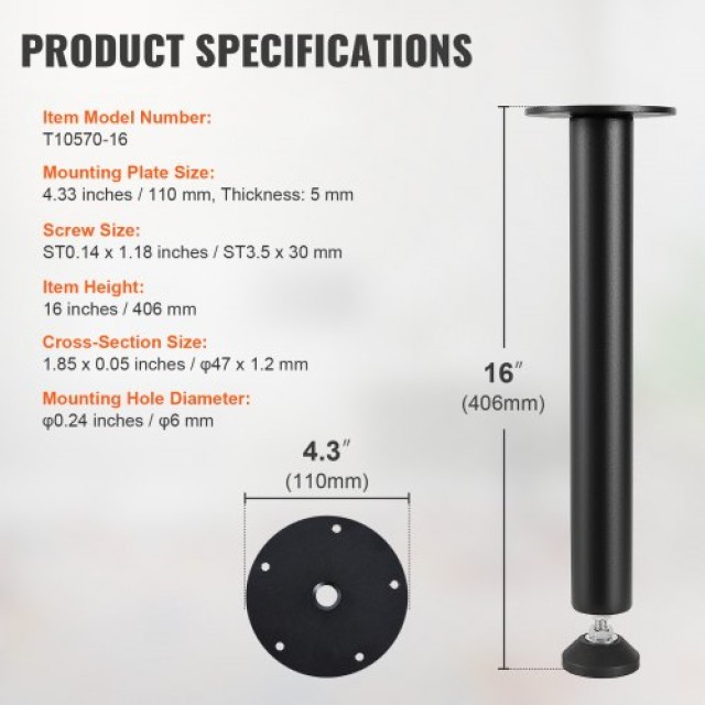 Ρυθμιζόμενα Πόδια Γραφείου VEVOR 406.4MM, Σετ 4 Βαρέως Τύπου, Μαύρα...