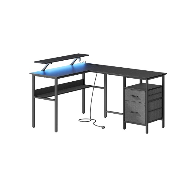 VASAGLE Γραφείο Γωνιακό με Ράφι & LED, 2 Συρτάρια, 2 USB, Μαύρο 