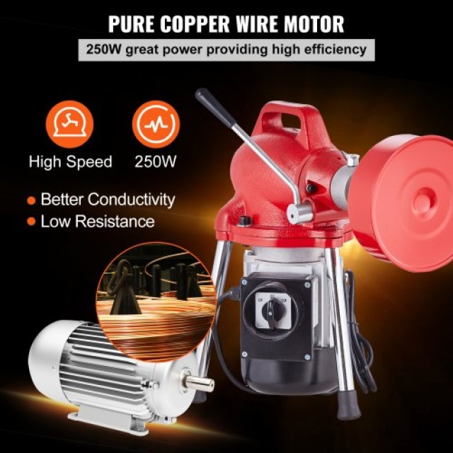 VEVOR Μηχανή Καθαρισμού Αποχέτευσης 20m x 16mm 250W Χειροκίνητη Τροφοδοσία  XXFDGDSTJ250OF30KV2