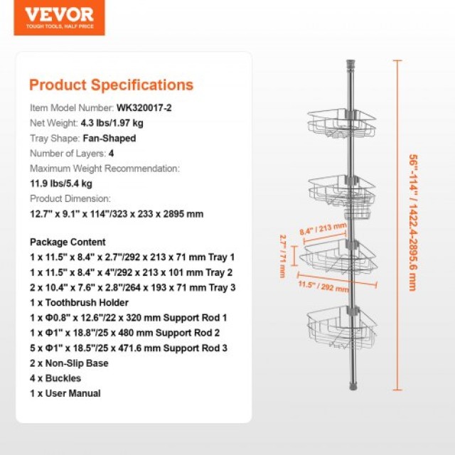 VEVOR  Γωνιακή Ράβδος Ντους 142-290cm Αντοχής στη Σκωρία  SCTPBXGSX...