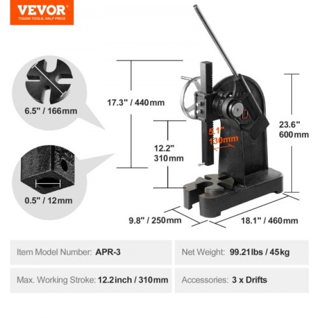 VEVOR  Πρέσα Άρμπορ 3 Τόνων με Καστάνια και Χειροτροχό, Χυτοσίδηρη Χειροκίνητη Πρέσα Γραφείου για Σφράγιση και Μορφοποίηση JLKYLJGGSL3TAME8TV0