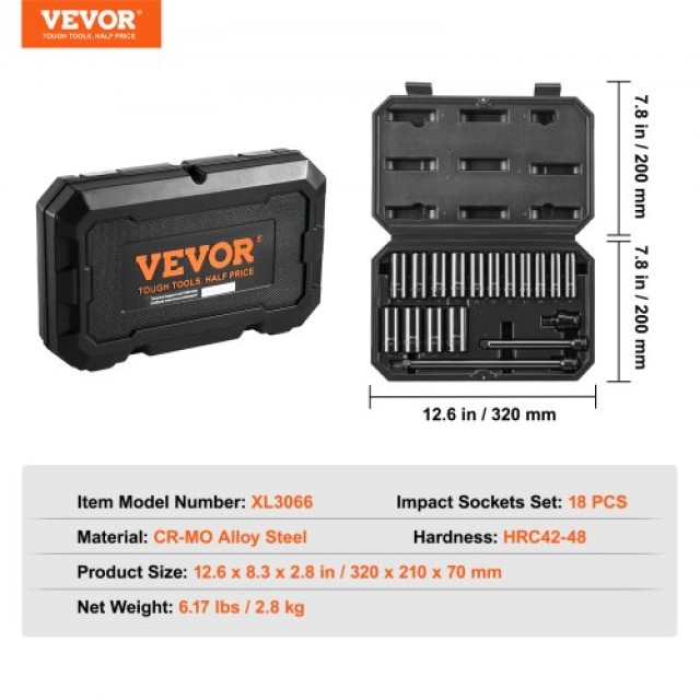 VEVOR  Σετ Καρυδάκια Κρούσης 18τμχ 6-Σημείων 3/8 με Κασετίνα CJTTZJ1CRV18IG28EV0