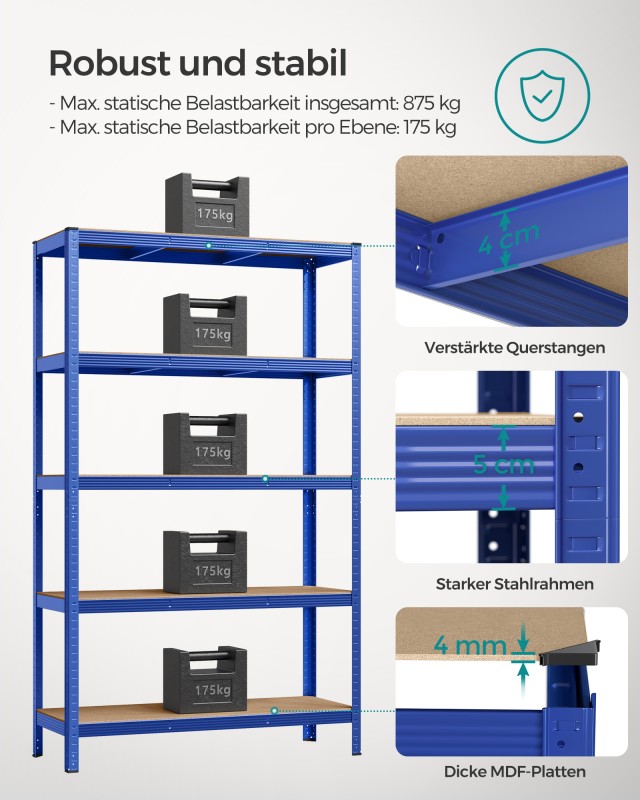 SONGMICS Μονάδα Ραφιών Βαρέως Τύπου, Μπλε, 60 x 120 x 200 εκ., GLR0...