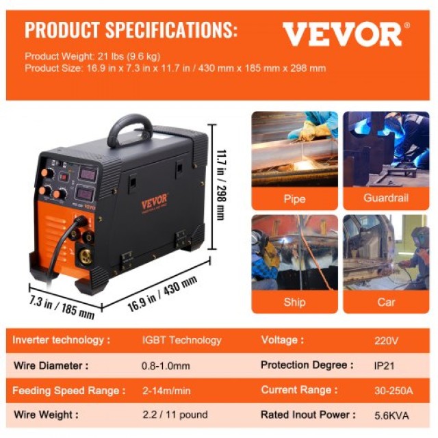 VEVOR MIG 250A 3 σε 1 Συγκολλητής 220V με Ψηφιακή Οθόνη  DHJMIGMMAMIGL39ZIV2