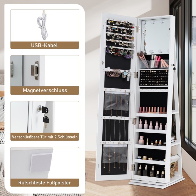 Costway Περιστρεφόμενη Ντουλάπα Κοσμημάτων με Ολόσωμο Καθρέφτη & Δι...