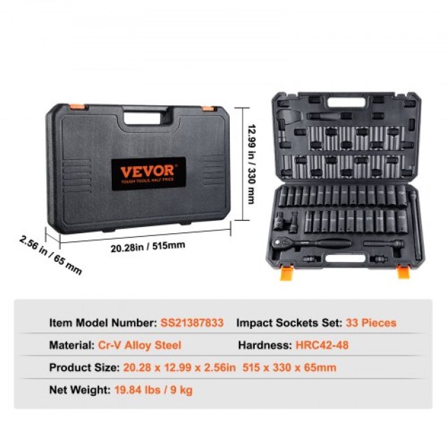 Σετ Καρυδάκια VEVOR 1/2 33 Τεμαχίων SAE & Μetric  CJT12SAECRV33R6O6V0