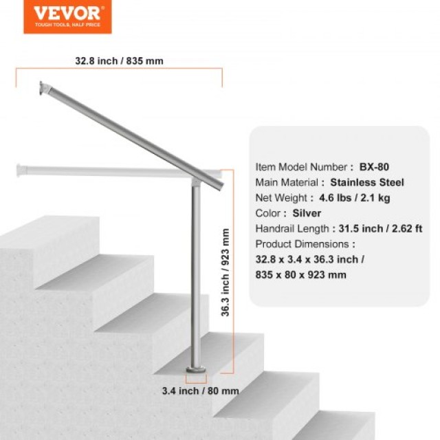 VEVOR  Κουπαστές 80cm για Εξωτερικά Σκαλοπάτια από Ανοξείδωτο Ατσάλ...