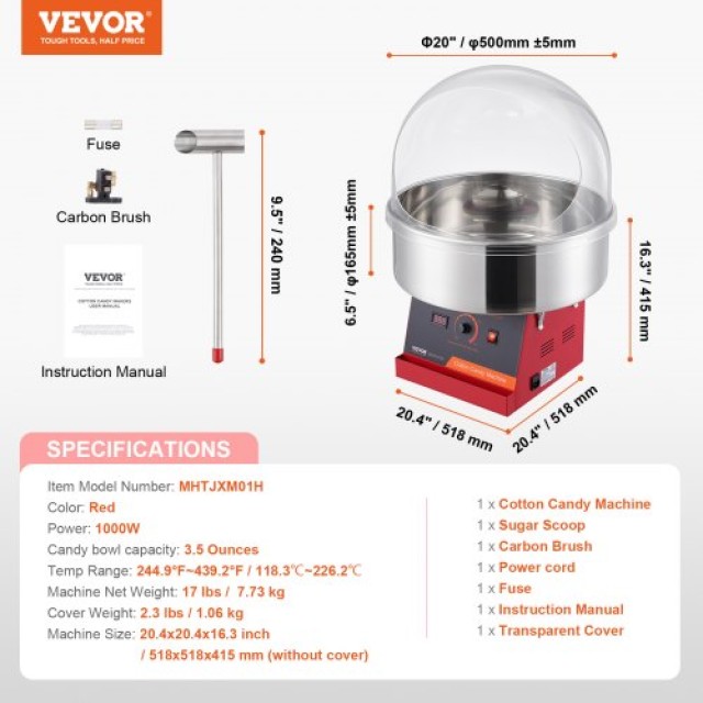 Μηχανή Μαλλιού της Γριάς VEVOR 1000W, Κόκκινη  TSMHTJHSHGXMQ4DUBV2