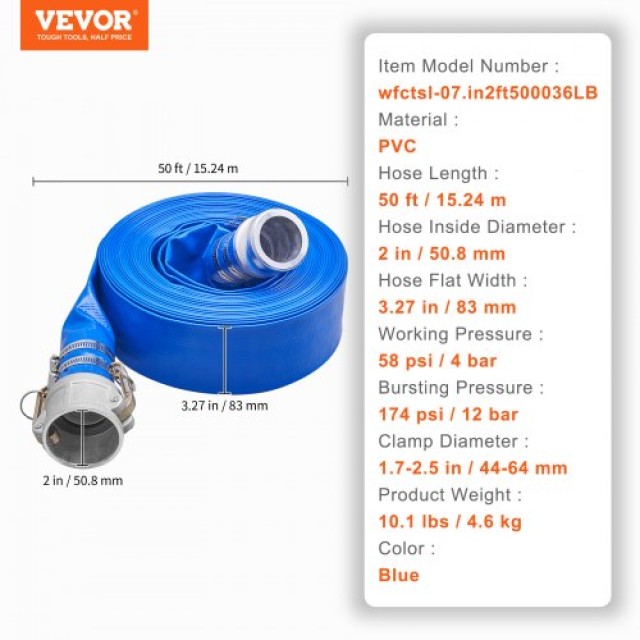 VEVOR Σωλήνας Αντίστροφης Ροής 2x50, Βαρέως Τύπου PVC με Αλουμινένια Εξαρτήματα, Μπλε  FCXRG250FTPVCM9TXV0