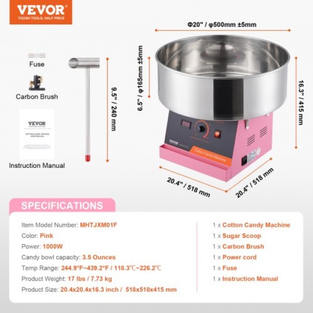 Μηχανή Μαλλιού της Γριάς VEVOR 1000W για Οικιακή Χρήση (Ροζ)  TSMHTJFSWGXMAL5CBV2