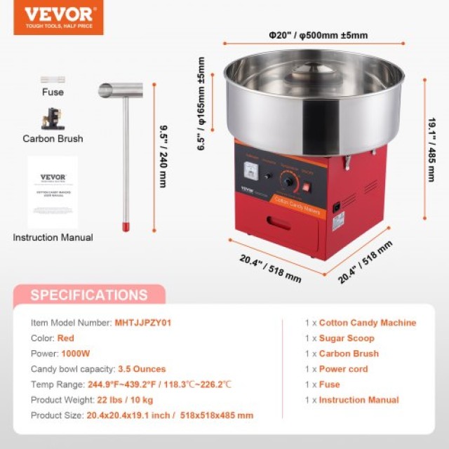 Μηχανή Μαλλιού της Γριάς VEVOR, 1000W, Κόκκινη  TSMHTJHSWGZMYG5FSV2