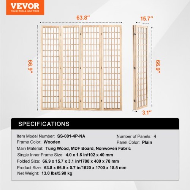 VEVOR Διαχωριστικό Δωματίου Ιαπωνικό με 4 Πάνελ (Φυσικό) RSPF4MBCSP...
