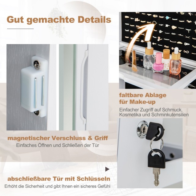 Costway Λευκή Ντουλάπα Κοσμημάτων με Καθρέφτη και Ρυθμιζόμενα LED Φ...