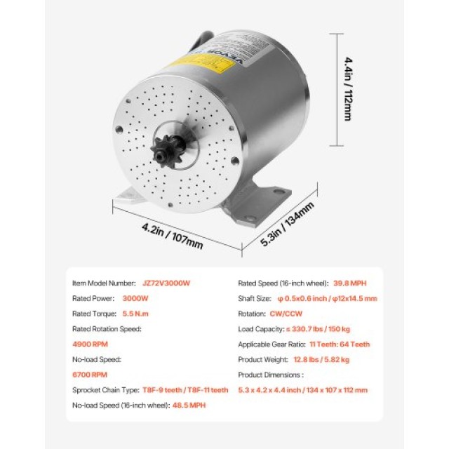 VEVOR Σετ Ηλεκτρικού Κινητήρα 72V 3000W με Βελτιωμένο Ελεγκτή Ταχύτητας ZLWSDJTJ30000IDZCV9