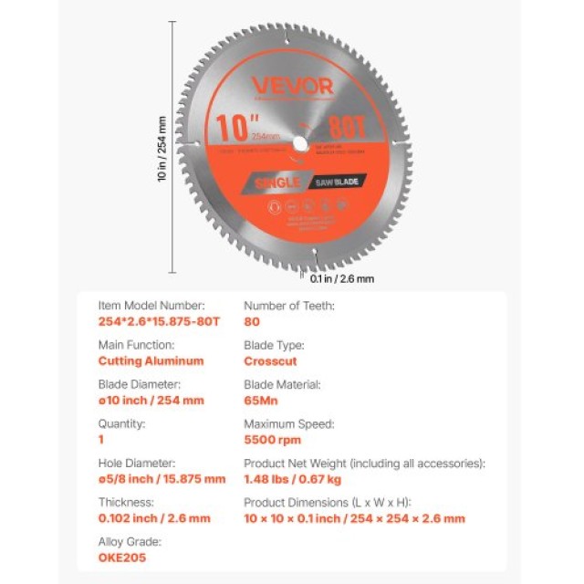 VEVOR Δίσκος Πριονιού 254mm, 80 Λάμες, Για Αλουμίνιο και Μέταλλα DP...