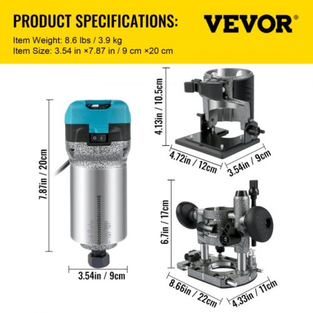 VEVOR Εργαλείο Δρομολογητή 710W για Ξυλουργική με Τρεις Συλλέκτες, Σταθερή & Βυθιζόμενη Βάση, Αλουμινένιο Κέλυφος, 13000-33000 στροφές/λεπτό  KCJGDJQR2220VZT75V2