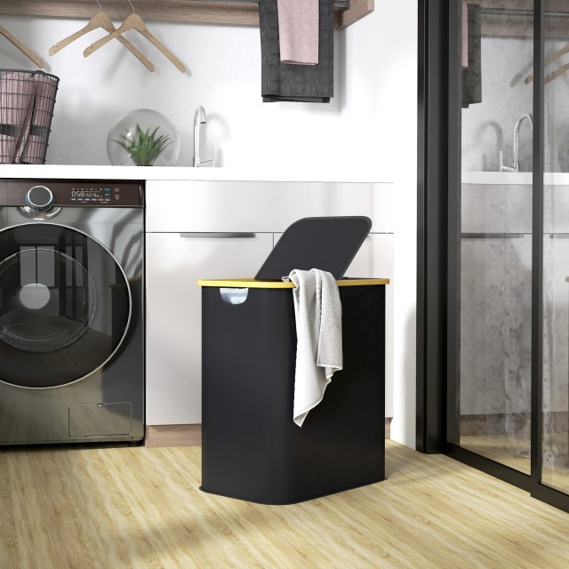 HOMCOM  Καλάθι Απλύτων 80L με 2 Διαμερίσματα και Καπάκι, από Ύφασμα μη Υφασμένο και Μπαμπού, 54x34x58.5 cm, Μαύρο  850-320V00BK