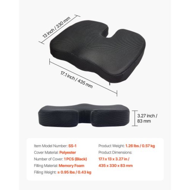 VEVOR Μαξιλάρι Καθίσματος Memory Foam για Ανακούφιση Πίεσης Πλάτης ...