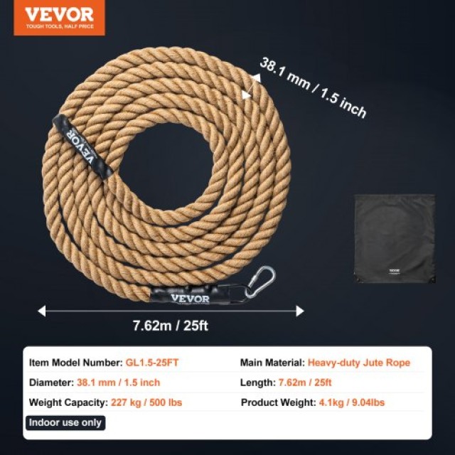 Σχοινί Αναρρίχησης Γυμναστικής 1.5x25FT VEVOR για Προπόνηση Δύναμης  ZYPYSZHM25YCICDAVV0