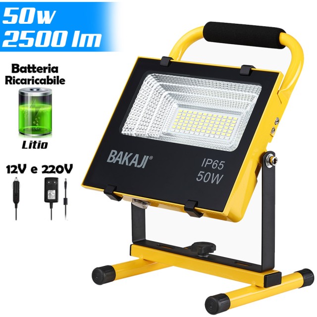 BAKAJI Φορητός Προβολέας Εργασίας LED 50W, 2500Lm, Μπαταρία Λιθίου,...