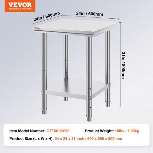 Τραπέζι Εργασίας VEVOR 60x60x80cm Ανοξείδωτο με Ράφι για Επαγγελματική Κουζίνα  60X60X80CFGZTTZT1V0