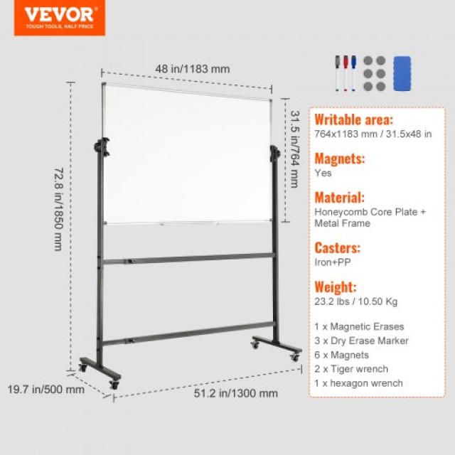 Κινητός Μαγνητικός Πίνακας VEVOR 48x32 ιντσών Διπλής Όψης με Ρόδες & Δίσκο  BB4832YCDLYDVRU6FV0