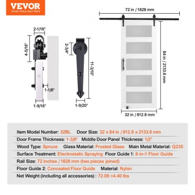 VEVOR Κιτ Συρόμενης Πόρτας Αχυρώνα 32 x 84 Ξύλο και Γυαλί  BLGCMTZSMMKB1JTBCV0