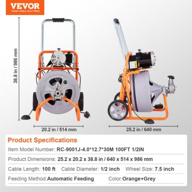 VEVOR Μηχάνημα Καθαρισμού Αποχέτευσης 30m x 1/2 με Αυτόματη Τροφοδοσία & 8 Κοπτήρες  ZDJJKLSGDSTJXZPK9V2