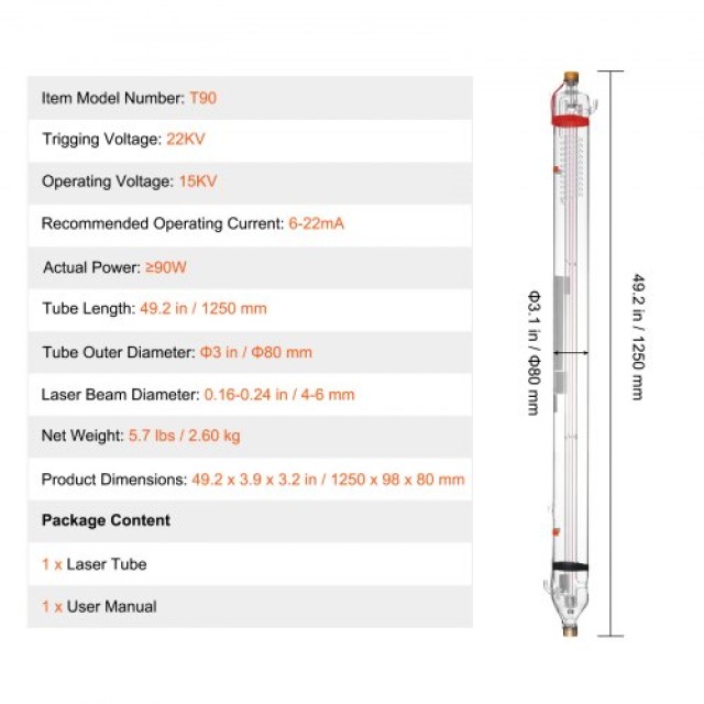 VEVOR  Σωλήνας Laser CO2 90W 1250mm από Βοριοπυριτικό Γυαλί για Κοπτικό Laser CO2JGG90W000YYZS2V9
