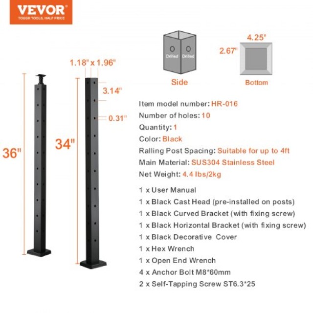 VEVOR Κολόνα Κάγκελου Γωνιακή Μαύρη 36x1x2in 1τμχ  1JZLGZHS9142UYBR4V0