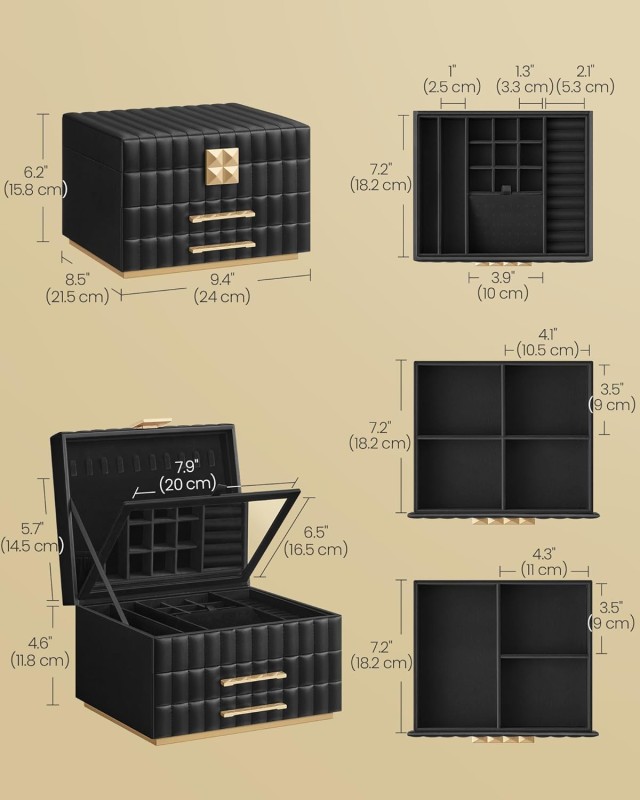 Κοσμηματοθήκη 3 Επιπέδων με Καθρέφτη 21,5 x 24 x 15,8 cm Μαύρο SONGMICS JBC183B01