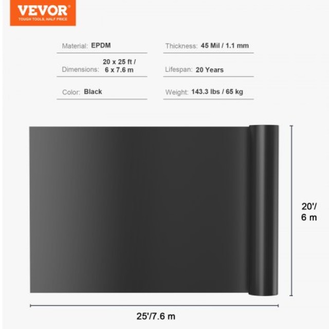 VEVOR Επένδυση Λιμνοδεξαμενής, 20 x 25 ft, 45 Mil, EPDM, Μαύρο  CTFSMHSEPDM20SZTDV0