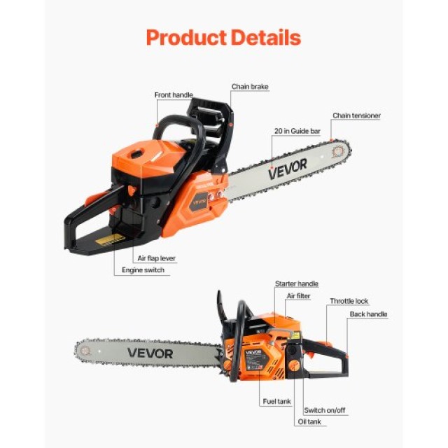 VEVOR Αλυσοπρίονο Βενζίνης 58cc 2.7 HP 20 ιντσών για Κοπή Ξύλων RQL...