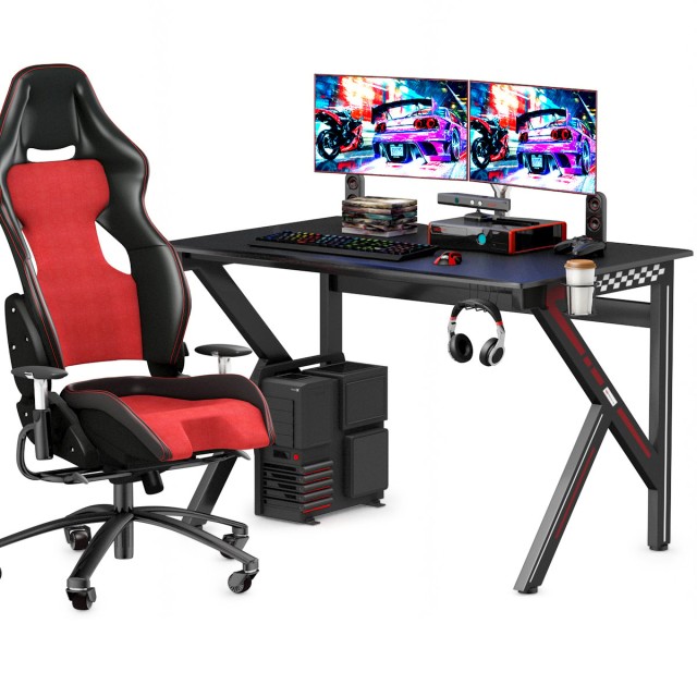 Costway Κοstway K-σχήματος Gaming γραφείο με γάντζο για ακουστικά, θήκη για ποτήρι και διαχείριση καλωδίων, εργονομικό γραφείο υπολογιστή μαύρο. HW66067