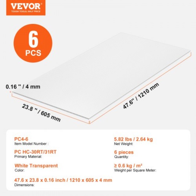VEVOR  Πολυκαρβονικά Πάνελ Θερμοκηπίου 6τμχ 2x4x0.16  SLWDBBSTM6J03UTBJV0