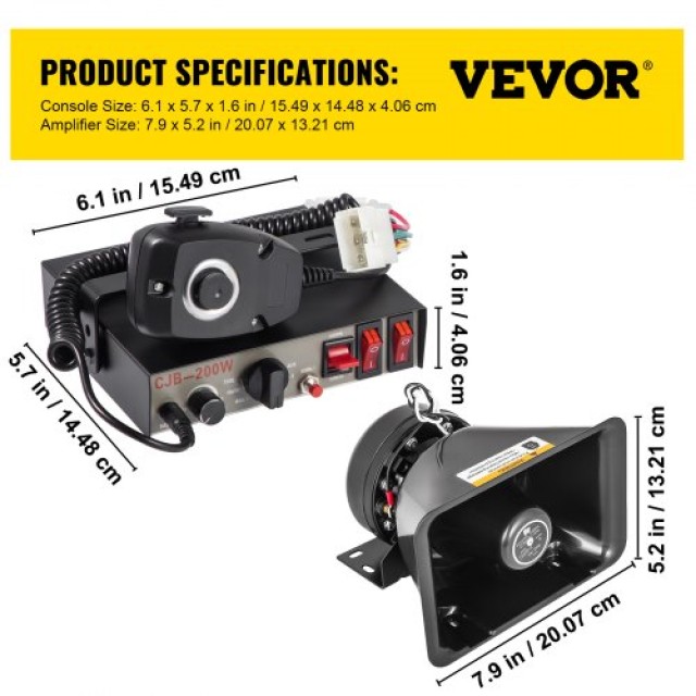 VEVOR 200W Σειρήνα Αυτοκινήτου με 7 Ήχους και Μικρόφωνο  HHQ200W7SDCZ00001V0