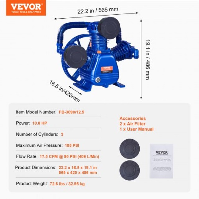 VEVOR  Κεφαλή Αντλίας Αεροσυμπιεστή 10HP 17.5CFM @ 90PSI 3-Κύλινδρος Πιστονιού KQYSJBTSGBTCEVFWWV0