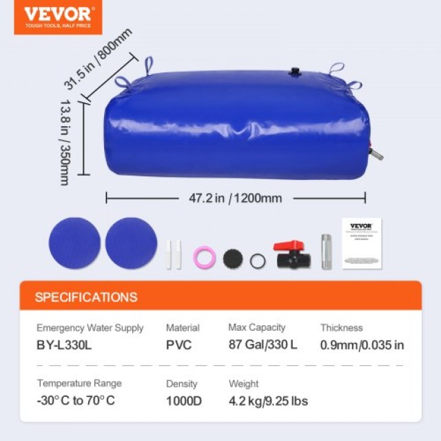 VEVOR Φορητή Δεξαμενή Νερού 87 Γαλόνια 1000D PVC Πτυσσόμενη Δεξαμεν...