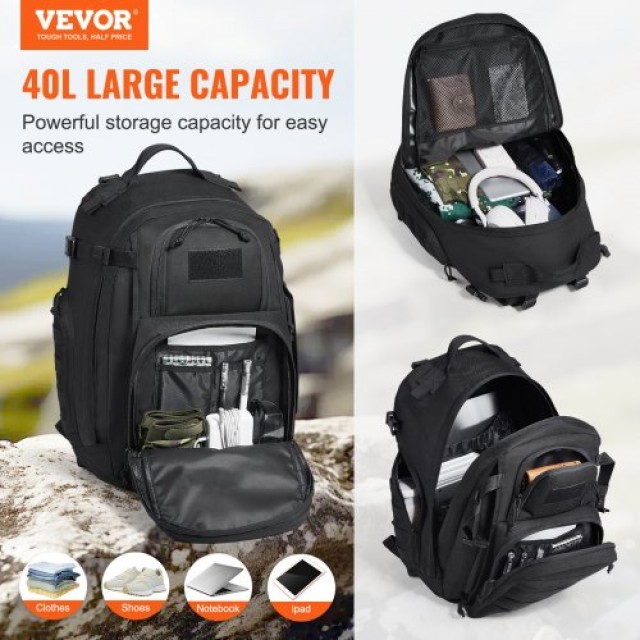 VEVOR  Στρατιωτικό Σακίδιο 40L με Molle & Σφουγγαράκι Μαύρο  ZSBBCDSHS40LC7V25V0