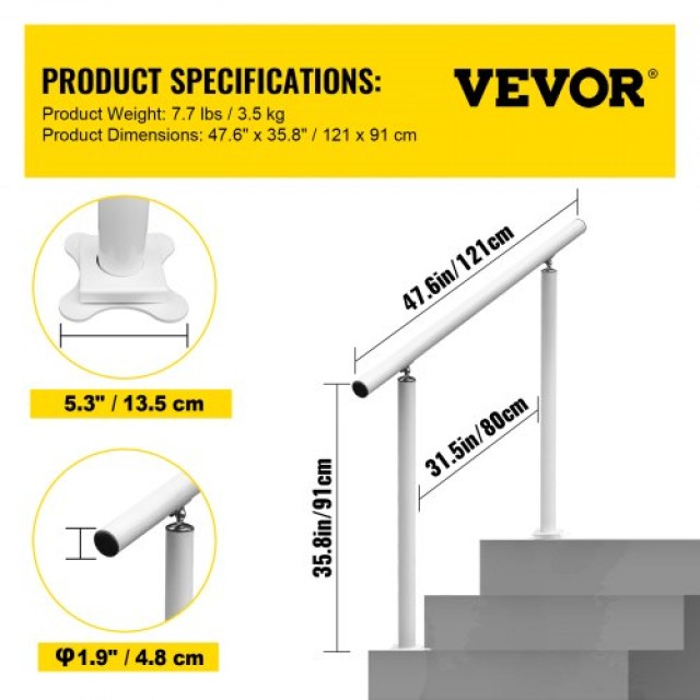 Εξωτερική Κουπαστή Σκάλας VEVOR, 4ft, Ρυθμιζόμενη Λευκή Αλουμινίου  LZLTFS4YCYGBSDLZ1V0