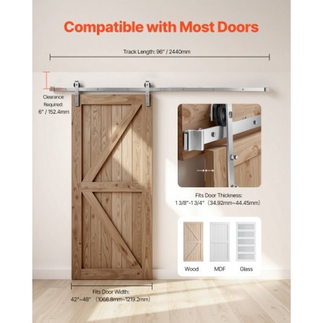 VEVOR Κιτ Συρόμενης Πόρτας 8FT Ασημί HDSMDGDGDM2D9X4QD001V0