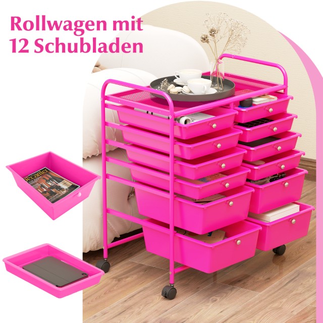 Costway Ροζ Τροχήλατος Μεταλλικός Συρταριέρας με 12 Στοιβαζόμενα Συ...