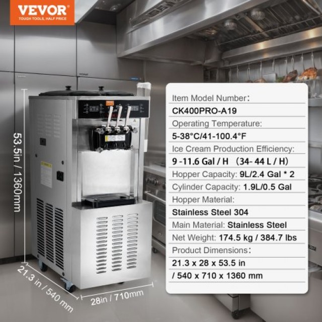 VEVOR Επαγγελματική Μηχανή Παγωτού 3 Γεύσεων LED 34-44 L/H  ZLSRBQLJCMYSJ74FPV2