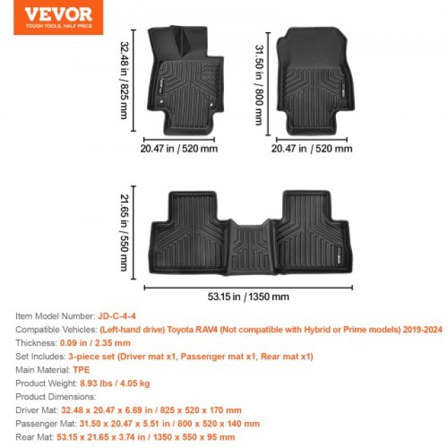 VEVOR  Πατάκια Αυτοκινήτου Toyota RAV4 2019-2024 (Όχι Υβριδικό/Prime)  SUVDBDFTRAV46AZ27V0