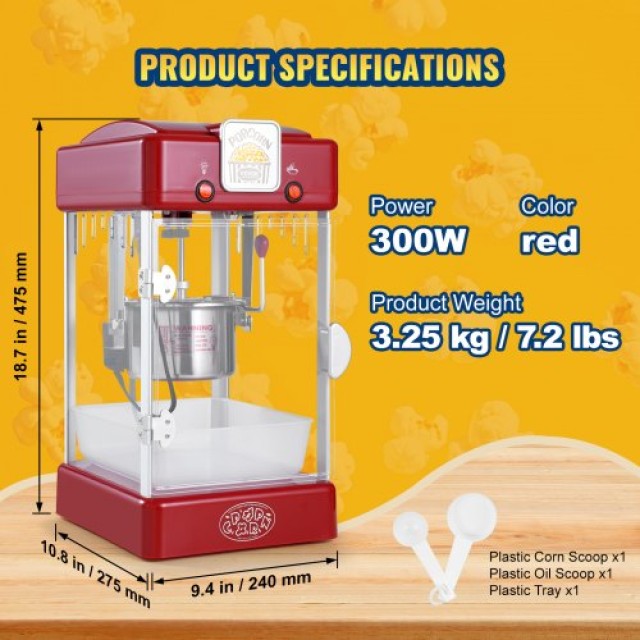 VEVOR  Μηχανή Ποπκόρν Επιτραπέζια 300W 2.5 Oz Κόκκινη TSBMHJHS25OZ3...