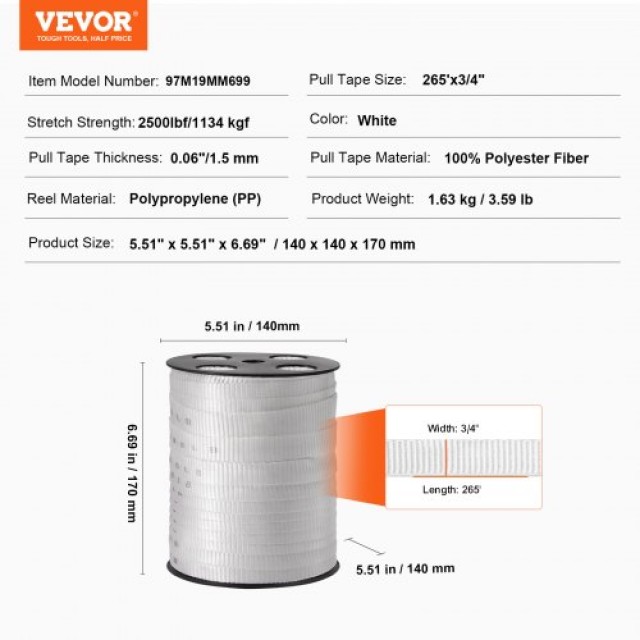 Ταινία Έλξης VEVOR 3/4 x 265, 2500 lbf, Λευκή  DLLDB97M19MM6991WV0
