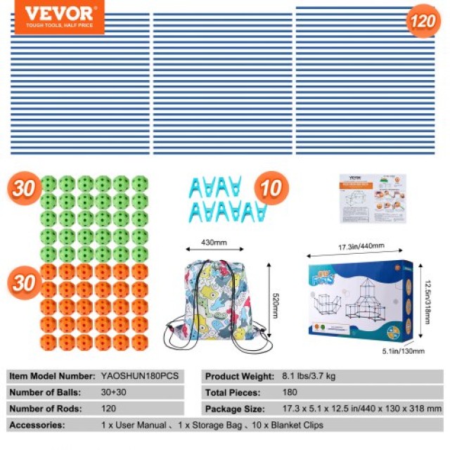 VEVOR Σετ Παιδικής Κατασκευής Σκηνής-Κάστρο STEM 180 Τεμαχίων  BLJZTJCZK180M0O56V0